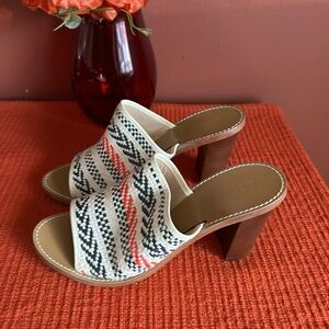 J. Crew Black and White Patterned Mules with Red Accents